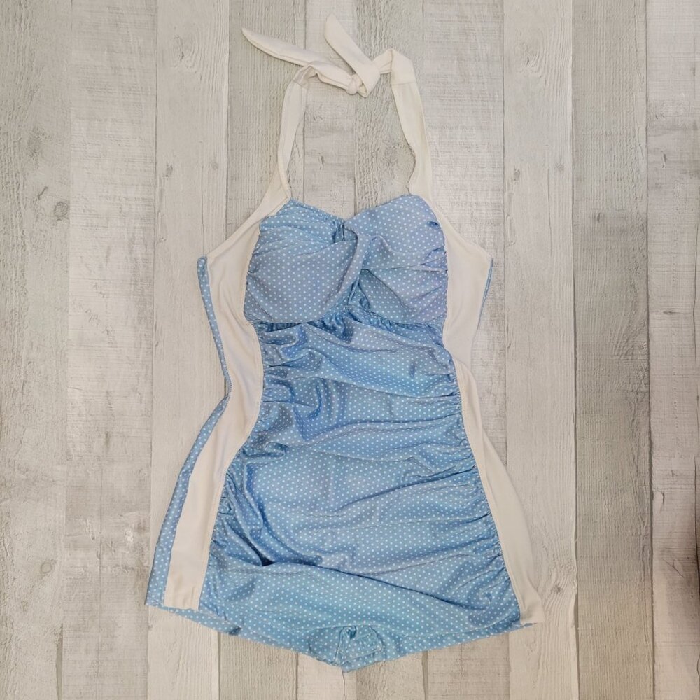 Light Blue Polka Dot Halter One-Piece Swimsuit with White Panels